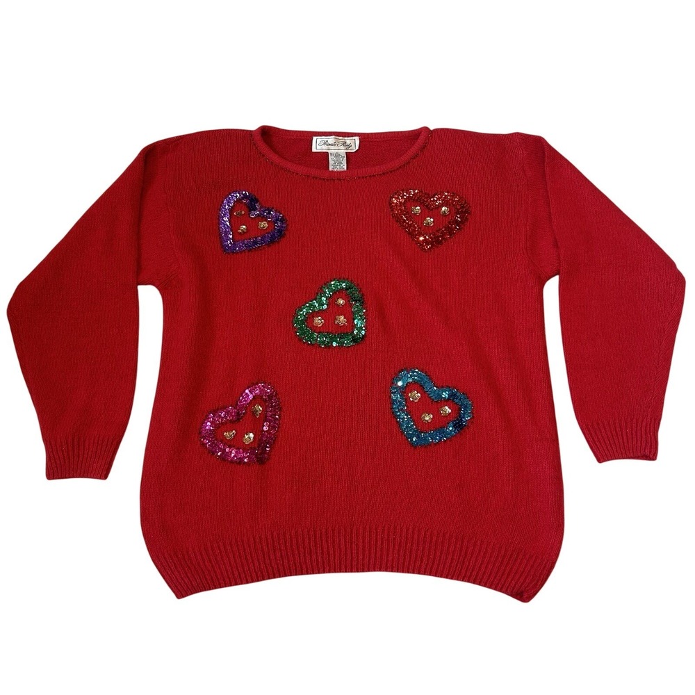Vtg Sweater Sz M Silk Angora Lambswool Blend Sequins Hearts Valentine's Day